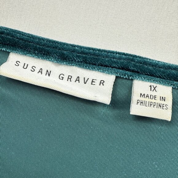 Susan Graver Women's Velvet Top Size Plus 1X Solid Dark Green Velvet Long Sleeve - Picture 3 of 9